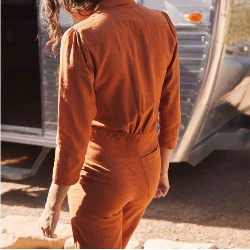 Christy Dawn Linen Painter Jumpsuit Long Sleeve in Rust Size L - Picture 2 of 13
